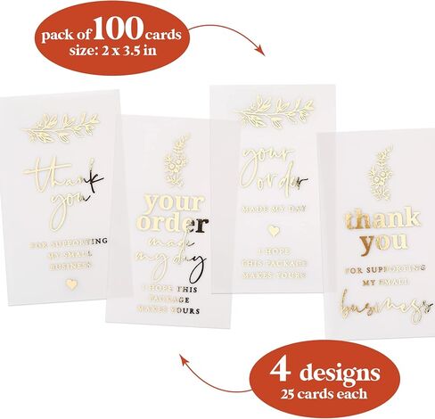 Set of 100 Gold Foiled Cards, Thank you for Supporting my Small Business, Thank You for your Order, Your Order Made My Day, Semi Transparent Supplies for Small Business, Packaging Insert, Vellum Cards in Saudi Arabia