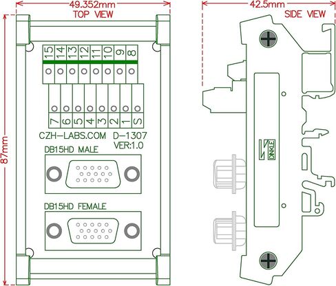 CZH-LABS DIN حامل السكك الحديدية DSUB DB15HD وحدة واجهة رأس ذكر/أنثى، لوحة القطع D-SUB. in Kuwait