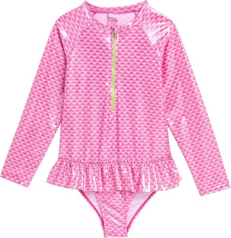 بدلة استحمام للفتيات من Real Love - بدلة سباحة Rashguard قطعة واحدة بأكمام طويلة وربع سحاب - بدلة استحمام لطيفة للفتيات (4-12) in Kuwait