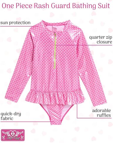 بدلة استحمام للفتيات من Real Love - بدلة سباحة Rashguard قطعة واحدة بأكمام طويلة وربع سحاب - بدلة استحمام لطيفة للفتيات (4-12) in Kuwait