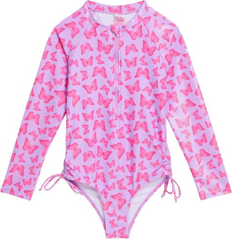 بدلة استحمام للفتيات من Real Love - بدلة سباحة Rashguard قطعة واحدة بأكمام طويلة وربع سحاب - بدلة استحمام لطيفة للفتيات (4-12) in Saudi Arabia