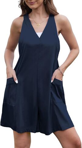 Tanou Women Summer Rompers Casual Loose Sleeveless V Neck Wide Leg Short Jumpsuits Dressy Lounge Rompers with Pockets in Saudi Arabia