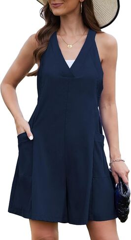 Tanou Women Summer Rompers Casual Loose Sleeveless V Neck Wide Leg Short Jumpsuits Dressy Lounge Rompers with Pockets in Saudi Arabia