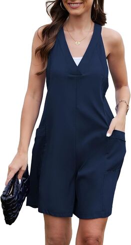 Tanou Women Summer Rompers Casual Loose Sleeveless V Neck Wide Leg Short Jumpsuits Dressy Lounge Rompers with Pockets in Saudi Arabia
