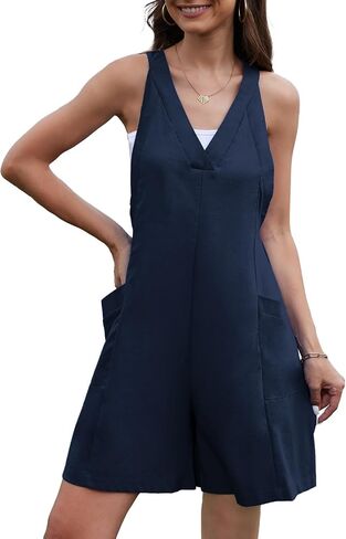 Tanou Women Summer Rompers Casual Loose Sleeveless V Neck Wide Leg Short Jumpsuits Dressy Lounge Rompers with Pockets in Saudi Arabia