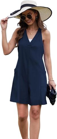Tanou Women Summer Rompers Casual Loose Sleeveless V Neck Wide Leg Short Jumpsuits Dressy Lounge Rompers with Pockets in Saudi Arabia