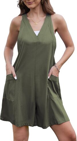 Tanou Women Summer Rompers Casual Loose Sleeveless V Neck Wide Leg Short Jumpsuits Dressy Lounge Rompers with Pockets in Saudi Arabia