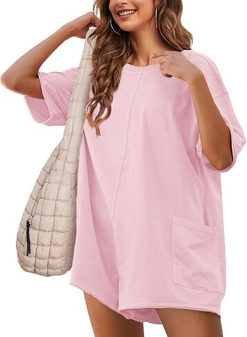 TAQCUX Rompers for Women Loose Hot Shot Tee Romper Trendy Oversized Jumpsuits Overalls(Pink-S) in Kuwait