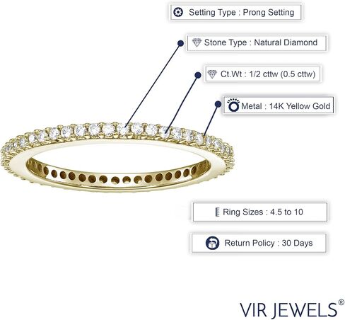 VIR JEWELS 1/2 cttw to 1 cttw Diamond Wedding Anniversary Band for Women, Full Eternity Round Diamond Engagement Ring 14K Gold Prong Set, Size 4.5-10 in Saudi Arabia