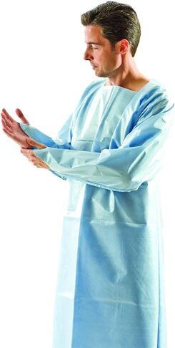 ثوب واقي 86795 من Graham Medical - للاستعمال مرة واحدة، حلقة إبهام، رقبة OTH سهلة التمزق، Spunbond/Poly OSFM 42" x 46" أزرق 50/CS AAMI 2 in Kuwait