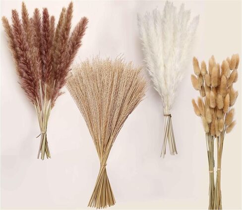 Dried Pampas Grass, Boho Decor 130PCS Natural Reed Phragmites Grass + Brown & White Pampas Grass + Bunny Tails Flowers Bouquet for Wedding Floral Arrangements Home Table Wall, Rustic Farmhouse Party in Saudi Arabia