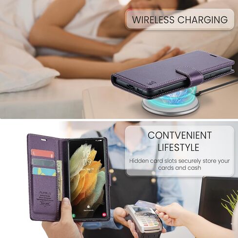 حافظة محفظة FLIPALM لهاتف Samsung Galaxy S21 Ultra مع حامل بطاقة الائتمان RFID، غطاء واقٍ من جلد البولي يوريثان بمسند قلاب ومضاد للصدمات للنساء والرجال لهاتف Samsung S21 Ultra (أرجواني) in Kuwait