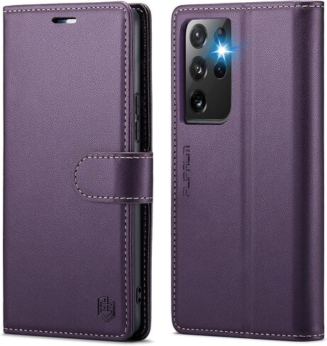 حافظة محفظة FLIPALM لهاتف Samsung Galaxy S21 Ultra مع حامل بطاقة الائتمان RFID، غطاء واقٍ من جلد البولي يوريثان بمسند قلاب ومضاد للصدمات للنساء والرجال لهاتف Samsung S21 Ultra (أرجواني) in Kuwait
