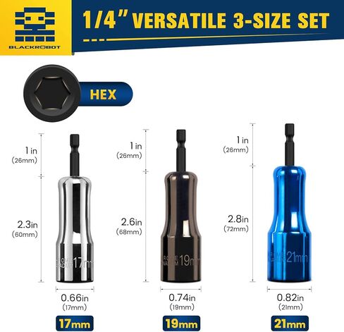 BLACKROBOT 3 قطع RV محول مثقاب مقص التسوية، 1/4 بوصة ساق سداسية سريعة التغيير 17 مم 19 مم 21 مم مجموعة مفك صامولة، فولاذ CR-V مع عملية الطلاء in Kuwait