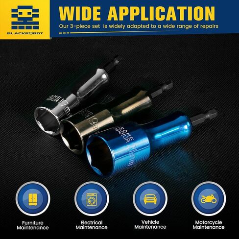 BLACKROBOT 3 قطع RV محول مثقاب مقص التسوية، 1/4 بوصة ساق سداسية سريعة التغيير 17 مم 19 مم 21 مم مجموعة مفك صامولة، فولاذ CR-V مع عملية الطلاء in Kuwait