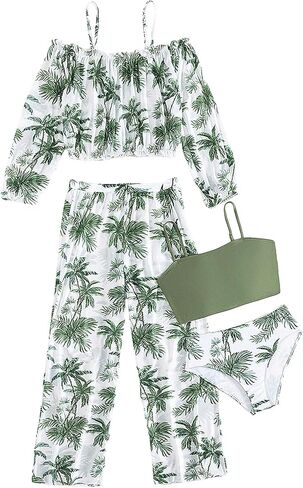 SOLY HUX Girl's 4 Piece Swimsuit Tropical Print Bikini Sets Bathing Suit with Cover Up in Saudi Arabia