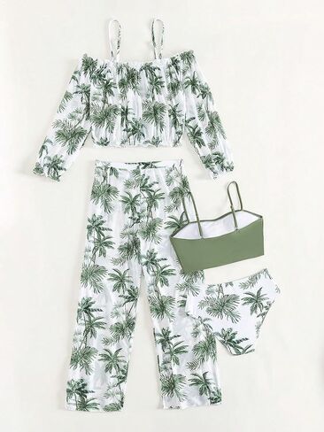 SOLY HUX Girl's 4 Piece Swimsuit Tropical Print Bikini Sets Bathing Suit with Cover Up in Saudi Arabia