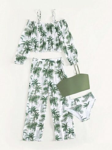 SOLY HUX Girl's 4 Piece Swimsuit Tropical Print Bikini Sets Bathing Suit with Cover Up in Saudi Arabia