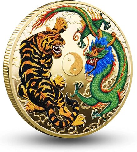 Enchanting 1.77-Inch Gold-Plated Lucky Coin with Colorful Chinese Dragon & Tiger Design - Lottery Ticket Scratcher Tool - Good Luck Chinese Challenge Coin in Saudi Arabia