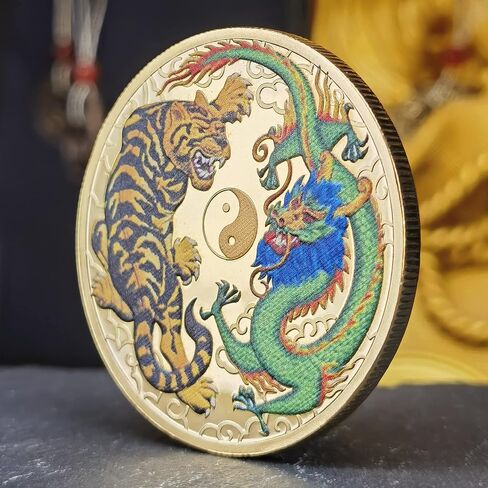 Enchanting 1.77-Inch Gold-Plated Lucky Coin with Colorful Chinese Dragon & Tiger Design - Lottery Ticket Scratcher Tool - Good Luck Chinese Challenge Coin in Saudi Arabia
