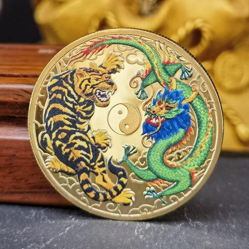 Enchanting 1.77-Inch Gold-Plated Lucky Coin with Colorful Chinese Dragon & Tiger Design - Lottery Ticket Scratcher Tool - Good Luck Chinese Challenge Coin in Saudi Arabia