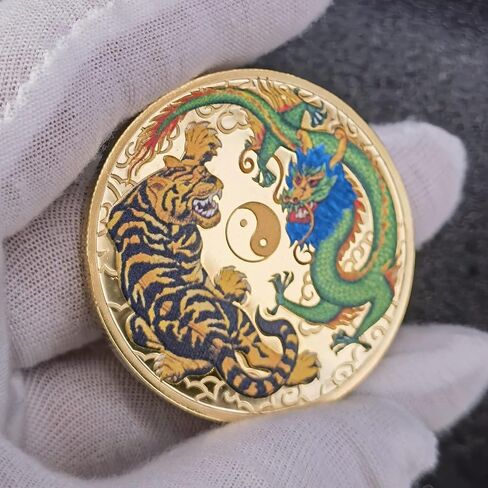 Enchanting 1.77-Inch Gold-Plated Lucky Coin with Colorful Chinese Dragon & Tiger Design - Lottery Ticket Scratcher Tool - Good Luck Chinese Challenge Coin in Saudi Arabia