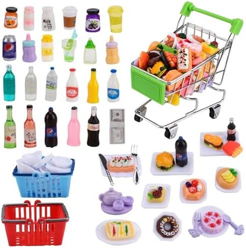 MUYIZI 115 قطعة من زجاجات الطعام والمشروبات المصغرة مجموعة ألعاب طعام صغيرة دمية طعام مصغرة لبيت الدمى للتسوق وإكسسوارات المطبخ للأطفال من سن 3 سنوات فما فوق نموذج فاتورة الدولار (النمط 3) in Kuwait