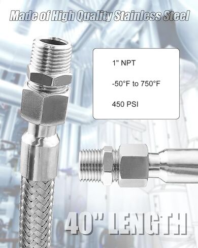 Vaticas Universal Industrial Grade Compressor Jumper Hose 1" NPT Male 40" Length 750°F 450 PSI Flexible Whole Body Stainless Steel Metal Hose, Both Sides Fittings Rotate Freely and Sealing Tape in Saudi Arabia