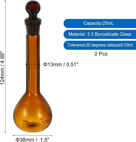 PATIKIL 25ml Volumetric Flask, 2Pcs 3.3 Borosilicate Glass Graduated Volumetric Measuring Flask with Glass Stopper Tolerance 0.31ml for Lab Experiment, Amber in Saudi Arabia