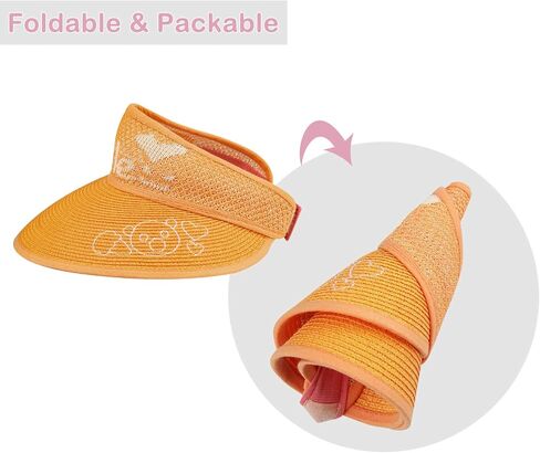 Surblue Kids القش قناع قبعات الشمس المرنة واسعة حافة نشمر قبعة قابلة للطي ذيل حصان الصيف قبعة الشاطئ UPF 50+ in Kuwait