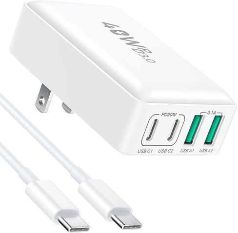 شاحن حائط USB C، Excgood 40W كتلة شحن سريع 4 منافذ USB مسطحة قابس مزدوج PD&QC متعدد المنافذ قابل للطي محول طاقة للسفر متوافق مع iPhone 15 Pro iPad Galaxy S24 Ultra، مع كابل USB C بطول 6 أقدام in Kuwait