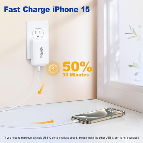 شاحن حائط USB C، Excgood 40W كتلة شحن سريع 4 منافذ USB مسطحة قابس مزدوج PD&QC متعدد المنافذ قابل للطي محول طاقة للسفر متوافق مع iPhone 15 Pro iPad Galaxy S24 Ultra، مع كابل USB C بطول 6 أقدام in Kuwait
