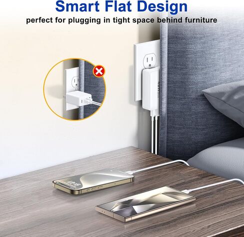 شاحن حائط USB C، Excgood 40W كتلة شحن سريع 4 منافذ USB مسطحة قابس مزدوج PD&QC متعدد المنافذ قابل للطي محول طاقة للسفر متوافق مع iPhone 15 Pro iPad Galaxy S24 Ultra، مع كابل USB C بطول 6 أقدام in Kuwait
