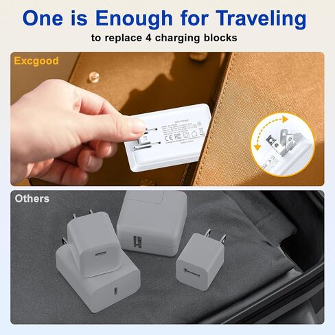 شاحن حائط USB C، Excgood 40W كتلة شحن سريع 4 منافذ USB مسطحة قابس مزدوج PD&QC متعدد المنافذ قابل للطي محول طاقة للسفر متوافق مع iPhone 15 Pro iPad Galaxy S24 Ultra، مع كابل USB C بطول 6 أقدام in Kuwait