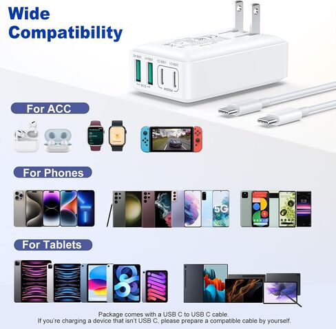 شاحن حائط USB C، Excgood 40W كتلة شحن سريع 4 منافذ USB مسطحة قابس مزدوج PD&QC متعدد المنافذ قابل للطي محول طاقة للسفر متوافق مع iPhone 15 Pro iPad Galaxy S24 Ultra، مع كابل USB C بطول 6 أقدام in Kuwait