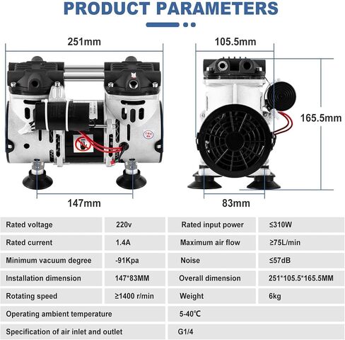 MXBAOHENG Oilless Vacuum Pump Lab Oil Free Piston Mute Vacuum Pump 2.47CFM 70L/min -91kpa (110V) in Saudi Arabia