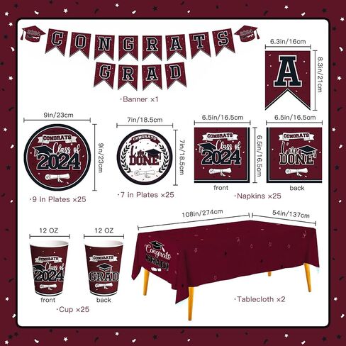 Graduation Party Supplies 2024 Graduation Party decorations Dinnerware Set Maroon Disposable Paper Plates Napkins Cups Tablecloth Banner for Congrats Grad Party Decorations, Serve 25 in Saudi Arabia