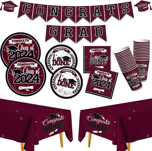 Graduation Party Supplies 2024 Graduation Party decorations Dinnerware Set Maroon Disposable Paper Plates Napkins Cups Tablecloth Banner for Congrats Grad Party Decorations, Serve 25 in Saudi Arabia