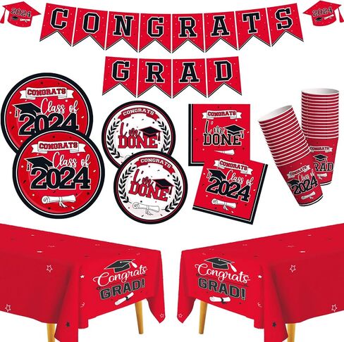 Graduation Party Supplies 2024 Graduation Party decorations Dinnerware Set Maroon Disposable Paper Plates Napkins Cups Tablecloth Banner for Congrats Grad Party Decorations, Serve 25 in Saudi Arabia