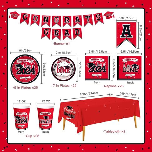 Graduation Party Supplies 2024 Graduation Party decorations Dinnerware Set Maroon Disposable Paper Plates Napkins Cups Tablecloth Banner for Congrats Grad Party Decorations, Serve 25 in Saudi Arabia