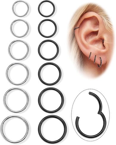 LOAYHOAY 12Pcs 16G 316L Stainless Steel Hinged Clicker Segment Septum Nose Rings Hoop Helix Cartilage Daith Tragus Earrings Lip Hoop for Women Men Sleeper Earrings Body Piercing Jewelry 7-14mm in Saudi Arabia