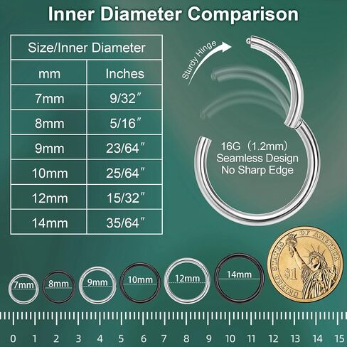 LOAYHOAY 12Pcs 16G 316L Stainless Steel Hinged Clicker Segment Septum Nose Rings Hoop Helix Cartilage Daith Tragus Earrings Lip Hoop for Women Men Sleeper Earrings Body Piercing Jewelry 7-14mm in Saudi Arabia
