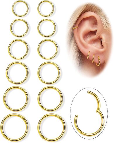 LOAYHOAY 12Pcs 16G 316L Stainless Steel Hinged Clicker Segment Septum Nose Rings Hoop Helix Cartilage Daith Tragus Earrings Lip Hoop for Women Men Sleeper Earrings Body Piercing Jewelry 7-14mm in Saudi Arabia