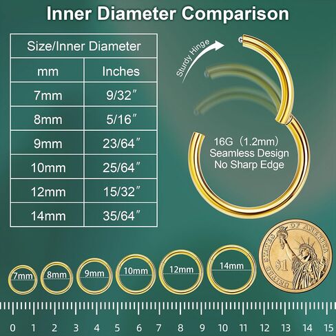 LOAYHOAY 12Pcs 16G 316L Stainless Steel Hinged Clicker Segment Septum Nose Rings Hoop Helix Cartilage Daith Tragus Earrings Lip Hoop for Women Men Sleeper Earrings Body Piercing Jewelry 7-14mm in Saudi Arabia