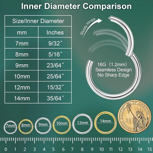 LOAYHOAY 12Pcs 16G 316L Stainless Steel Hinged Clicker Segment Septum Nose Rings Hoop Helix Cartilage Daith Tragus Earrings Lip Hoop for Women Men Sleeper Earrings Body Piercing Jewelry 7-14mm in Kuwait