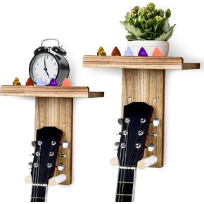 2 Pack Guitar and Ukulele Wall Mount Hanger with Shelf Holder,Wood Wall Mount Stand for Classical Guitar, Acoustic Guitar, Electric Guitars, Ukulele, Bass in Kuwait