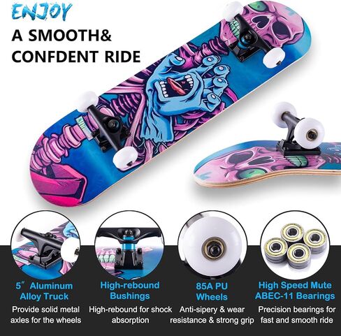 Skateboards for Beginners, Skateboard 31 x 8,Beginners,Kids,Teens,Adults, Complete Standard Skate Boards 8Layer Canadian Maple Deck Concave Skateboard in Saudi Arabia