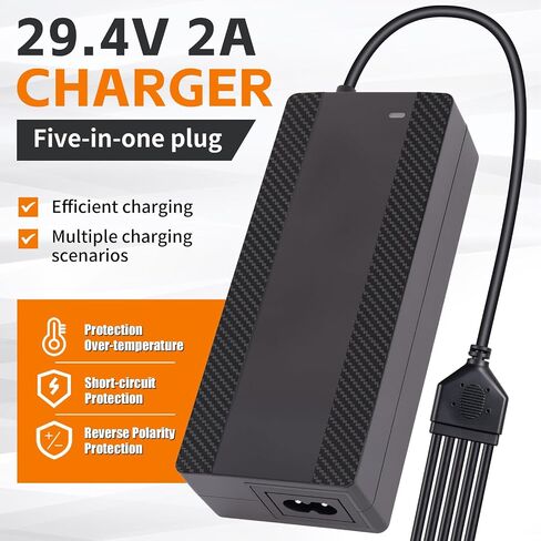 29.4V 2A Lithium Battery Charger, 5-in-1 Universal Plug Smart Charger for 24V 7S Lithium Battery Packs, Compatible with E-Scooters and Electric Devices, UL FCC CE Certified in Saudi Arabia