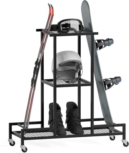 Standing Ski Storage Rack, Holds Snowboards & Skis, 3-Tier Organizer for Gear, Black - Ski Rack for Garage in Saudi Arabia