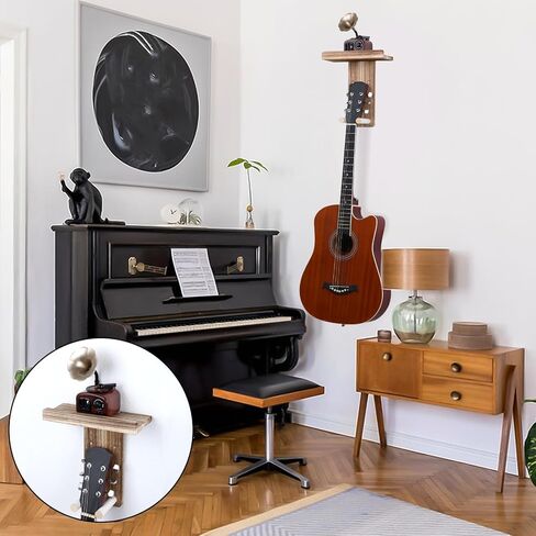 شماعة تثبيت على الحائط للجيتار والقيثارة مع حامل رف، حامل خشبي على الحائط للجيتار الكلاسيكي، الجيتار الصوتي، القيثارات الكهربائية، القيثارة، الجهير in Kuwait